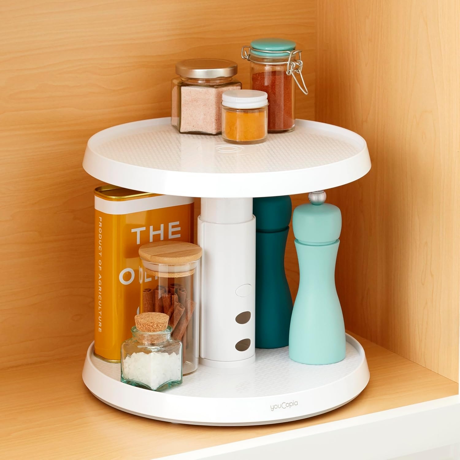 image:imageYouCopia Crazy Susan TwoTier Turntable HeightAdjustable Lazy Susan Organizer for Kitchen Cabinet and Pantry Organization and Storage WhiteTwo Tier