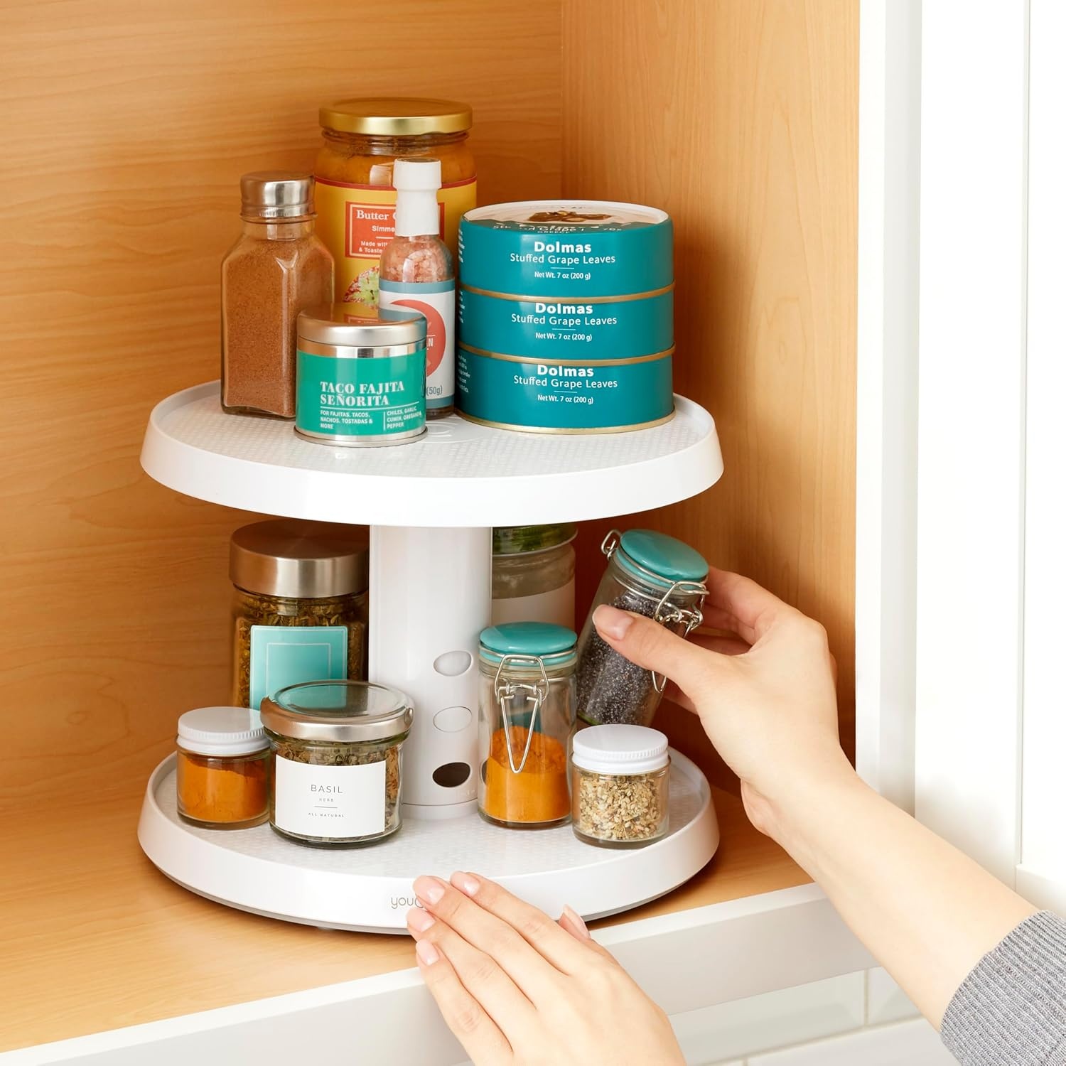 image:imageYouCopia Crazy Susan TwoTier Turntable HeightAdjustable Lazy Susan Organizer for Kitchen Cabinet and Pantry Organization and Storage WhiteTwo Tier