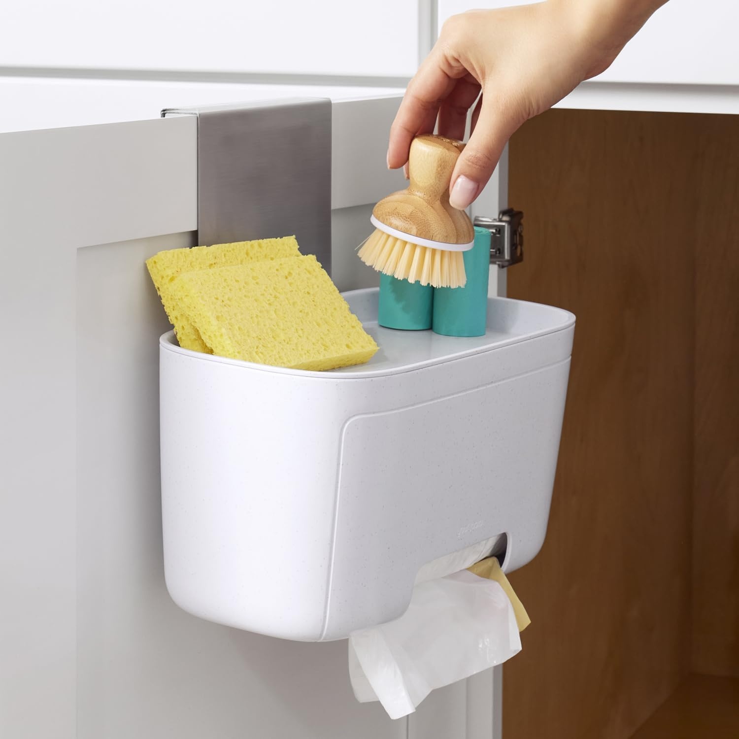 image:imageYouCopia DoorStash Garbage Bag Dispenser Hanging Kitchen Cabinet Door Trash Bag Organizer with Removable Lid for Storage Speckled WhiteGarbage Bag Dispenser