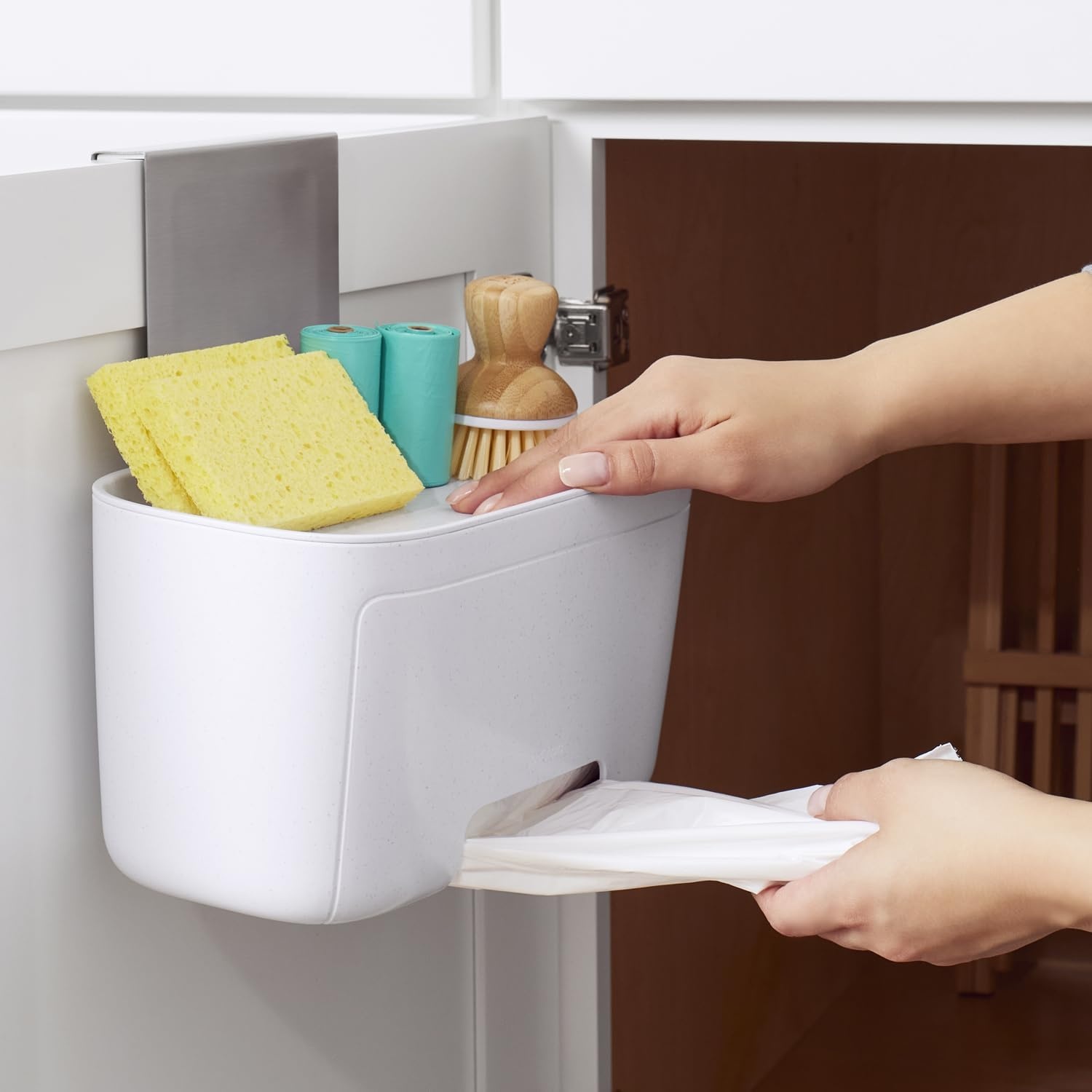 image:imageYouCopia DoorStash Garbage Bag Dispenser Hanging Kitchen Cabinet Door Trash Bag Organizer with Removable Lid for Storage Speckled WhiteGarbage Bag Dispenser