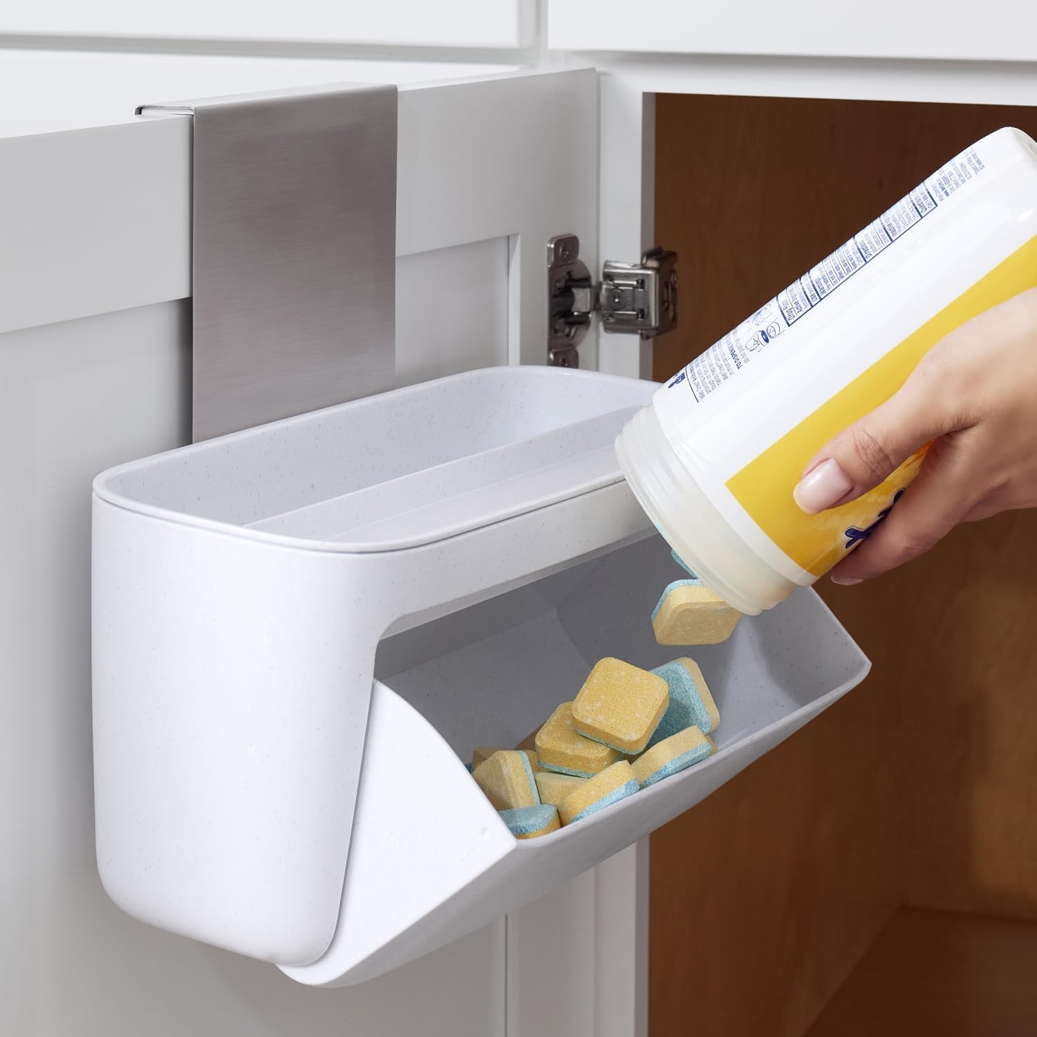 image:imageYouCopia DoorStash Garbage Bag Dispenser Hanging Kitchen Cabinet Door Trash Bag Organizer with Removable Lid for Storage Speckled WhitePod Holder