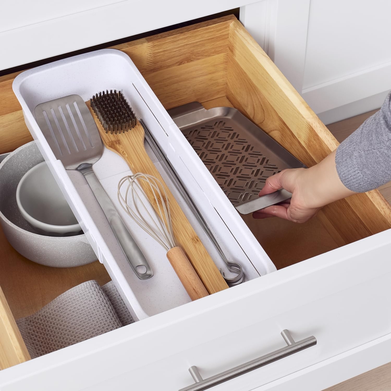 image:imageYouCopia DrawerFit Sliding Drawer Bin Expandable and Adjustable Kitchen Storage Organizer Speckled WhiteBin