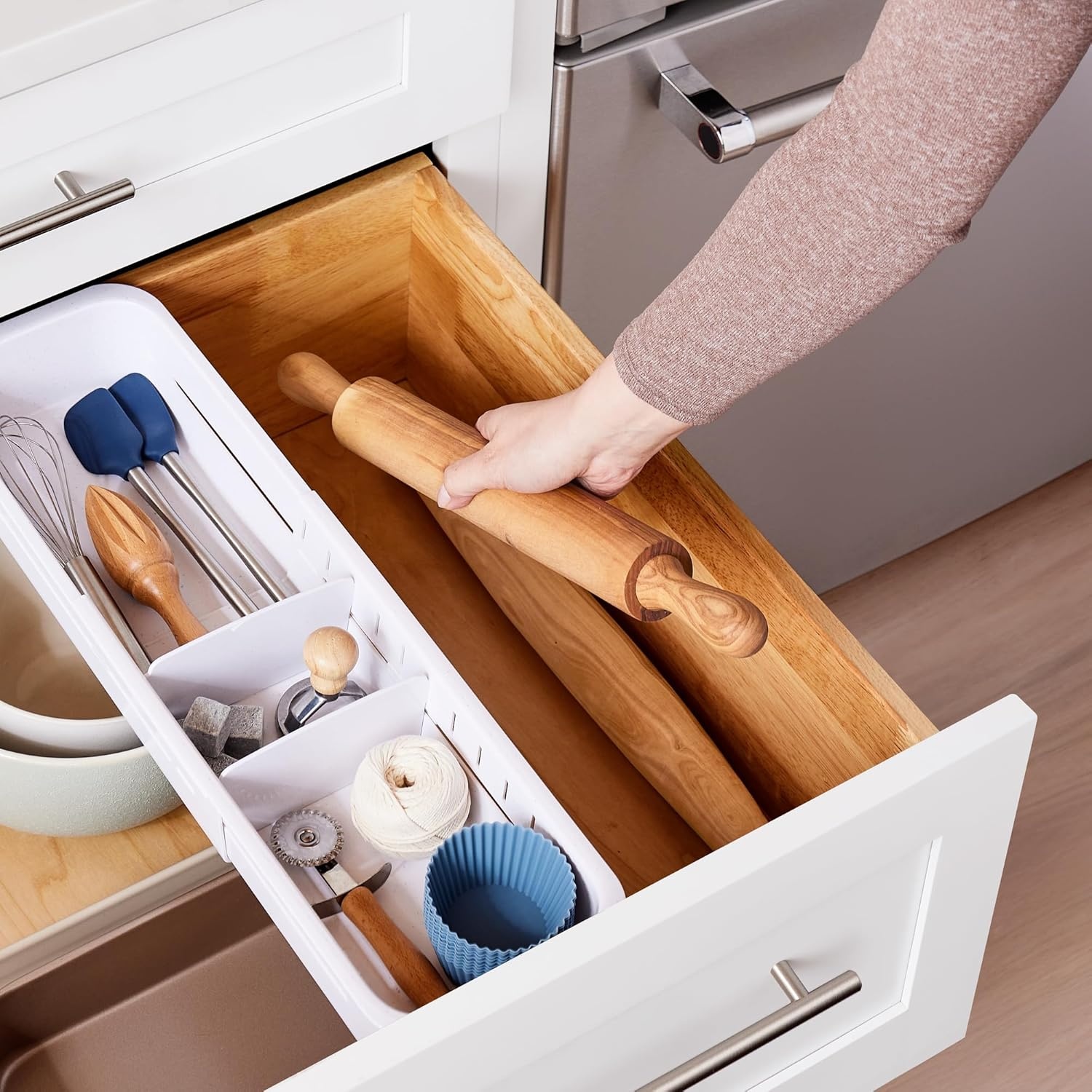 image:imageYouCopia DrawerFit Sliding Drawer Bin Expandable and Adjustable Kitchen Storage Organizer Speckled WhiteSorter