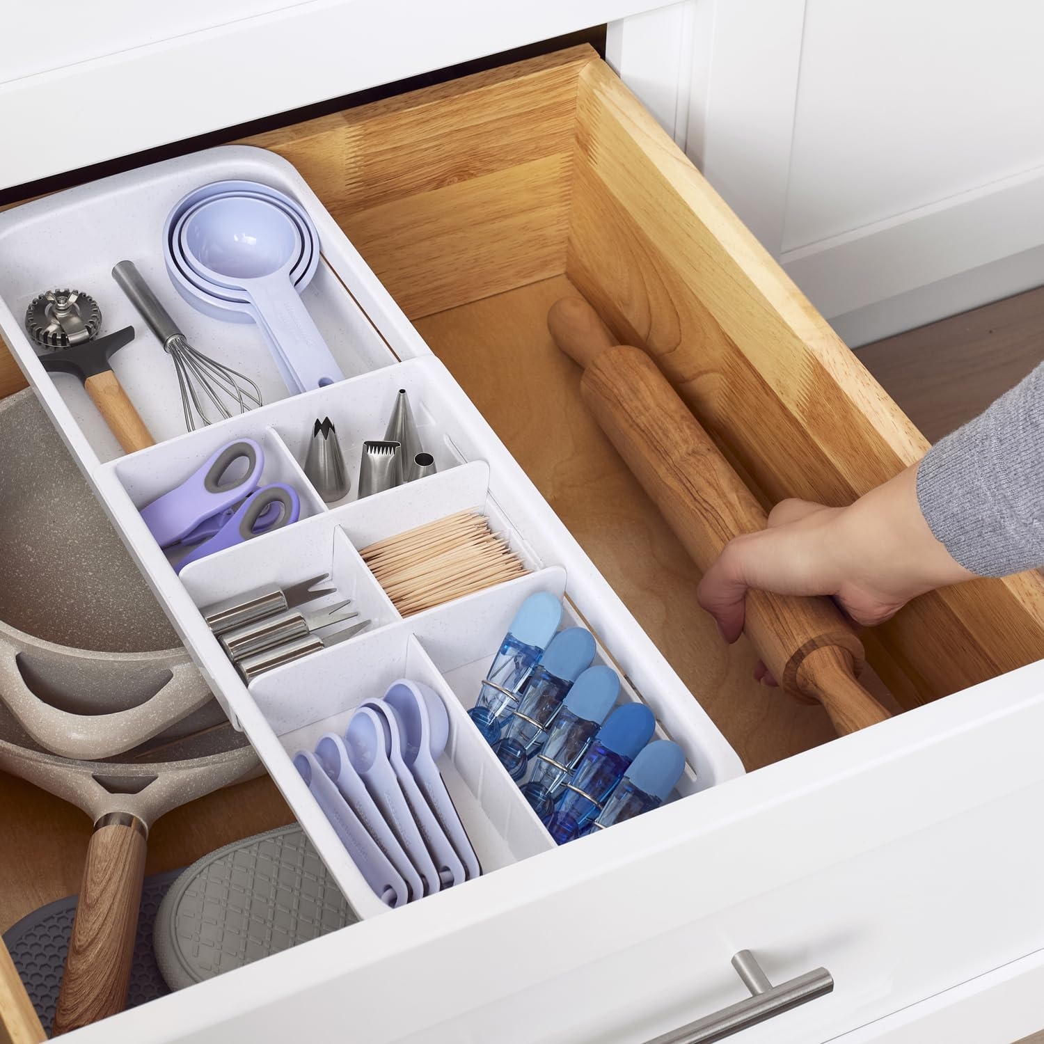 image:imageYouCopia DrawerFit Sliding Drawer Bin Expandable and Adjustable Kitchen Storage Organizer Speckled WhiteTray