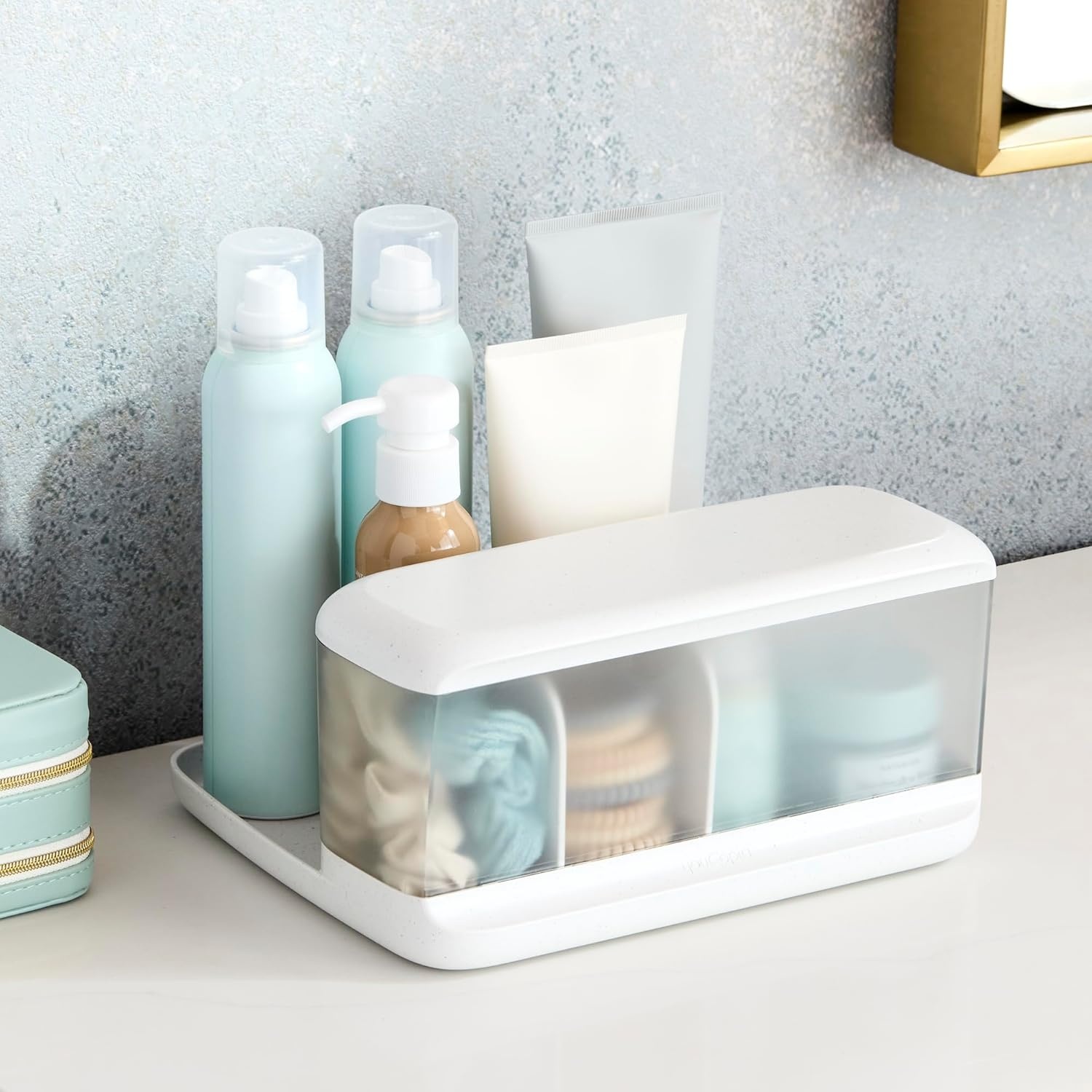 image:imageYouCopia HideAway Counter Caddy Bathroom Vanity Countertop Organizer Tray with Adjustable Dividers and Lid