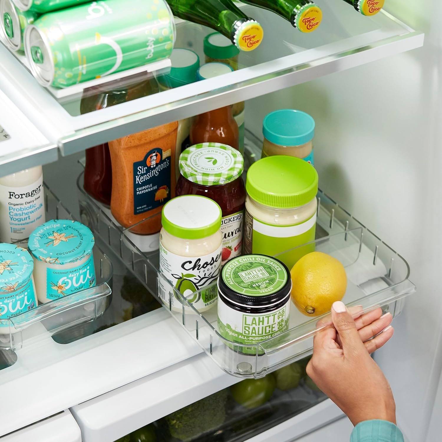 image:imageYouCopia RollOut Fridge Caddy BPAFree Clear Rolling Refrigerator Organizer Bin with Adjustable Dividers and Handles 9 WideClear