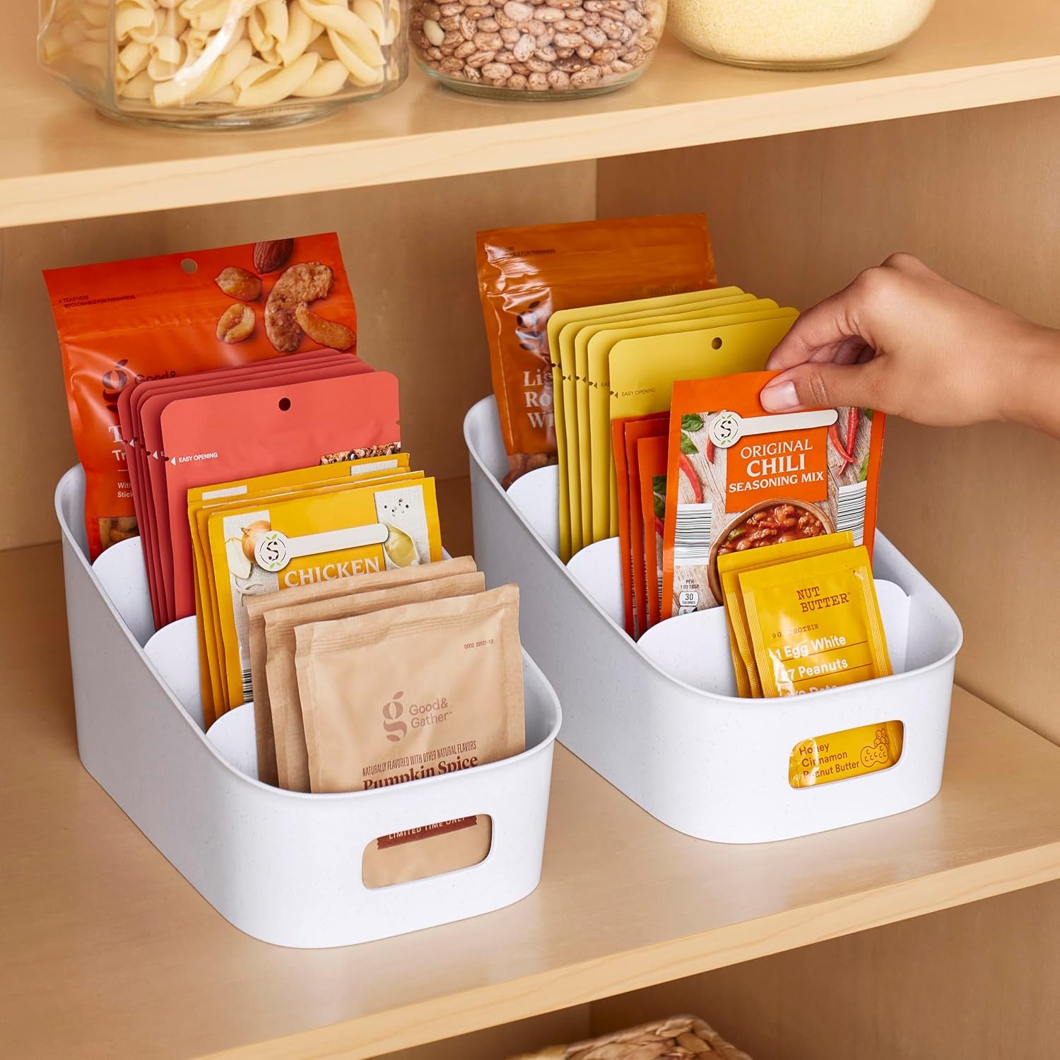 image:imageYouCopia ShelfBin Adjustable Snack Bin BPAFree Divided Storage Basket for Kitchen Pantry Organization One Size Speckled WhiteTiered Packet Organizer