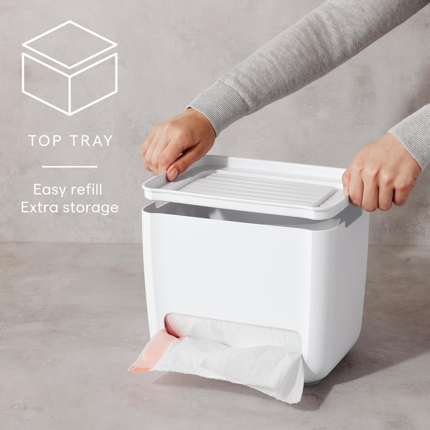 image:imageYouCopia SinkSuite Trash Bag Dispenser Standing Garbage Bag Organizer with Removable Lid and Cradle for Storage Speckled WhiteBag Pod Dispenser