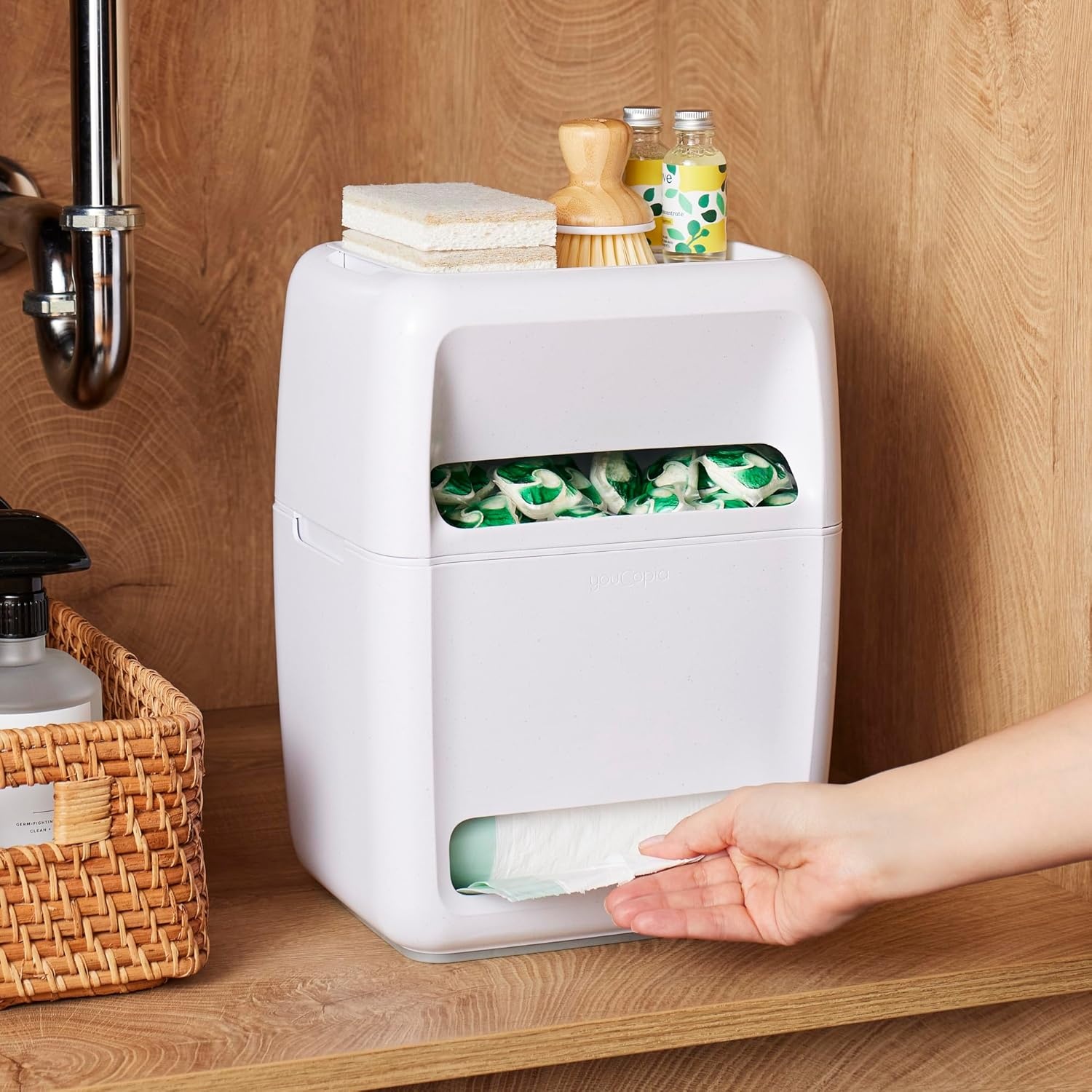image:imageYouCopia SinkSuite Trash Bag Dispenser Standing Garbage Bag Organizer with Removable Lid and Cradle for Storage Speckled WhiteBag Pod Dispenser