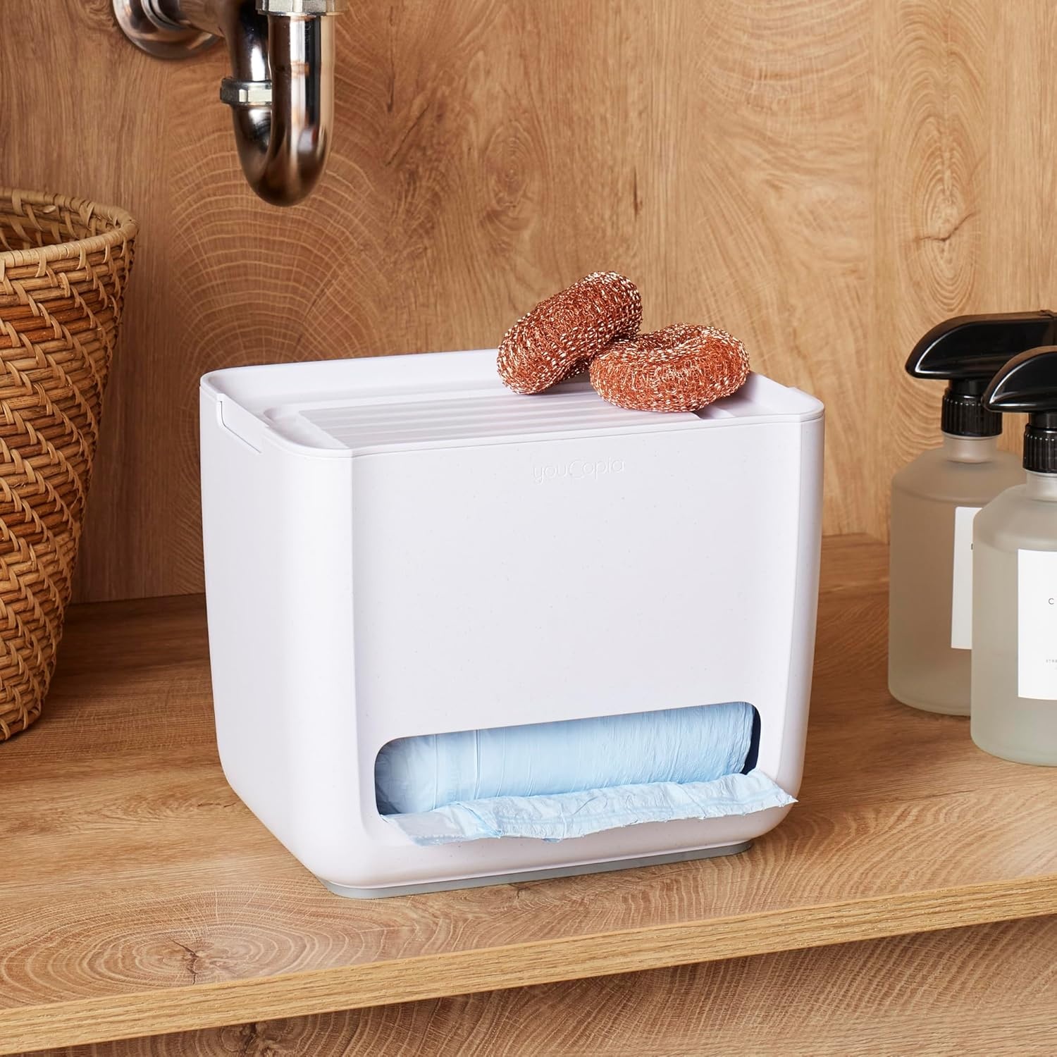 image:imageYouCopia SinkSuite Trash Bag Dispenser Standing Garbage Bag Organizer with Removable Lid and Cradle for Storage Speckled WhiteBag Dispenser