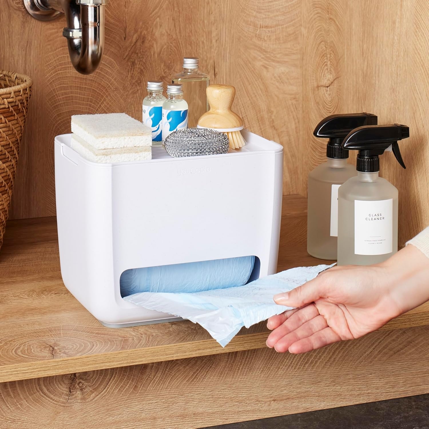image:imageYouCopia SinkSuite Trash Bag Dispenser Standing Garbage Bag Organizer with Removable Lid and Cradle for Storage Speckled WhiteBag Dispenser