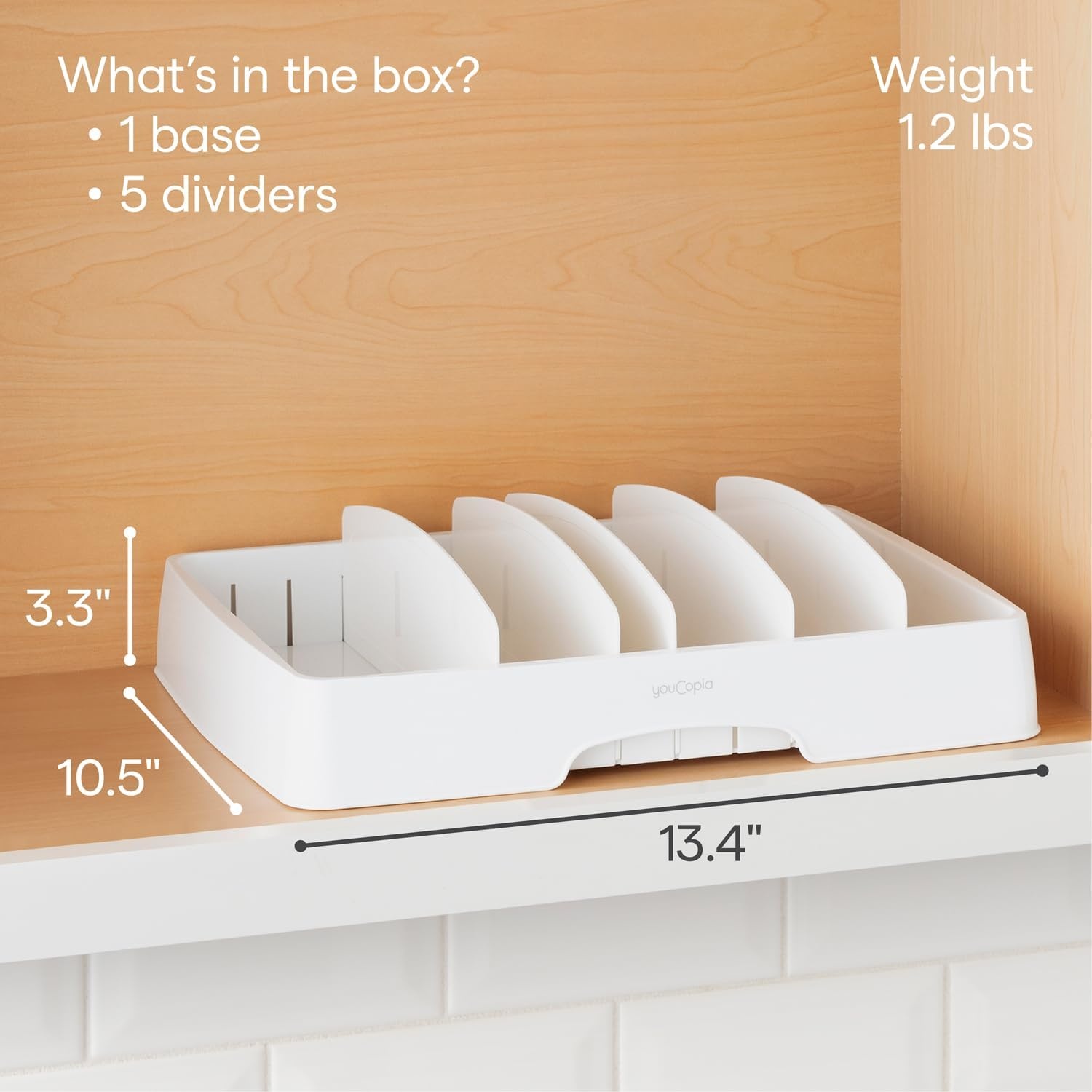 image:imageYouCopia StoraLid Food Container Lid Organizer for Kitchen Cabinet Storage with 5 Adjustable Dividers 105D 134W 33H Large Classic Edition WhiteLarge Classic