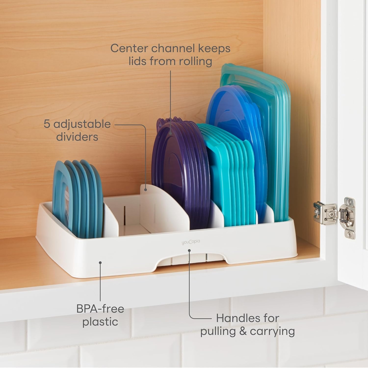 image:imageYouCopia StoraLid Food Container Lid Organizer for Kitchen Cabinet Storage with 5 Adjustable Dividers 105D 134W 33H Large Classic Edition WhiteLarge Classic