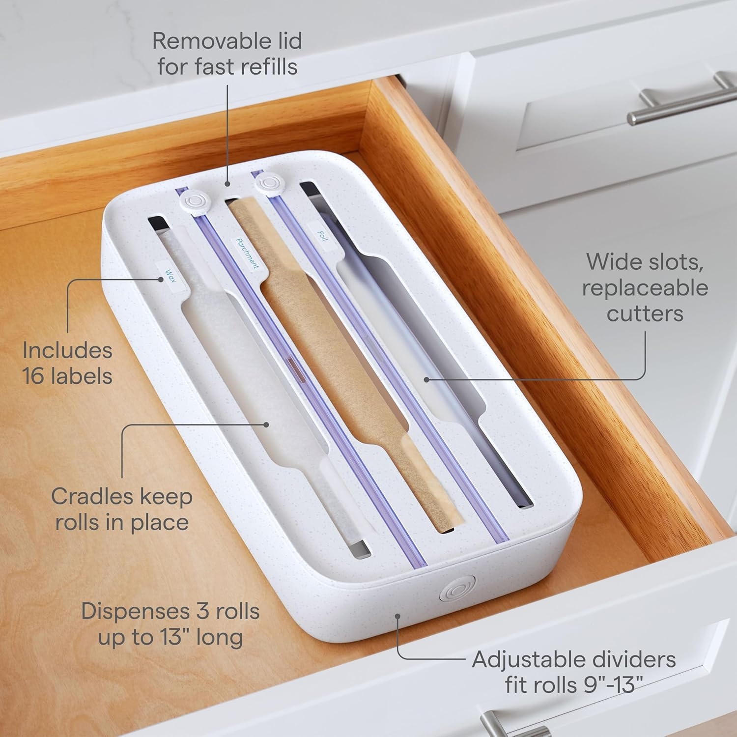image:imageYouCopia StoraRoll Wrap Dispenser 3in1 Drawer Organizer for Foil Plastic Wrap Parchment and Wax Paper with Safety Cutters and Labels for Kitchen Organization3in1
