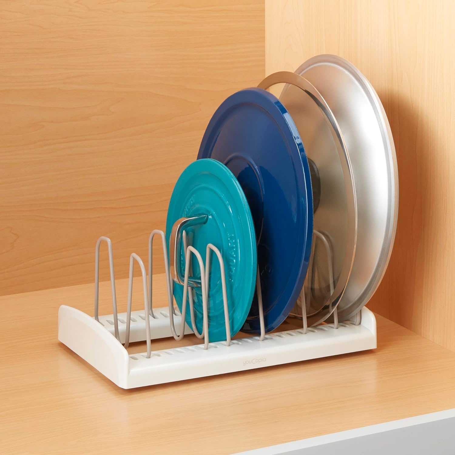 image:imageYouCopia StoreMore Bakeware Rack with Tall Steel Wires Adjustable Pan and Lid Organizer Classic Edition White Alloy Steel amp Plastic 115W x 73D x 64H Customizable ShelfLid Holder Classic