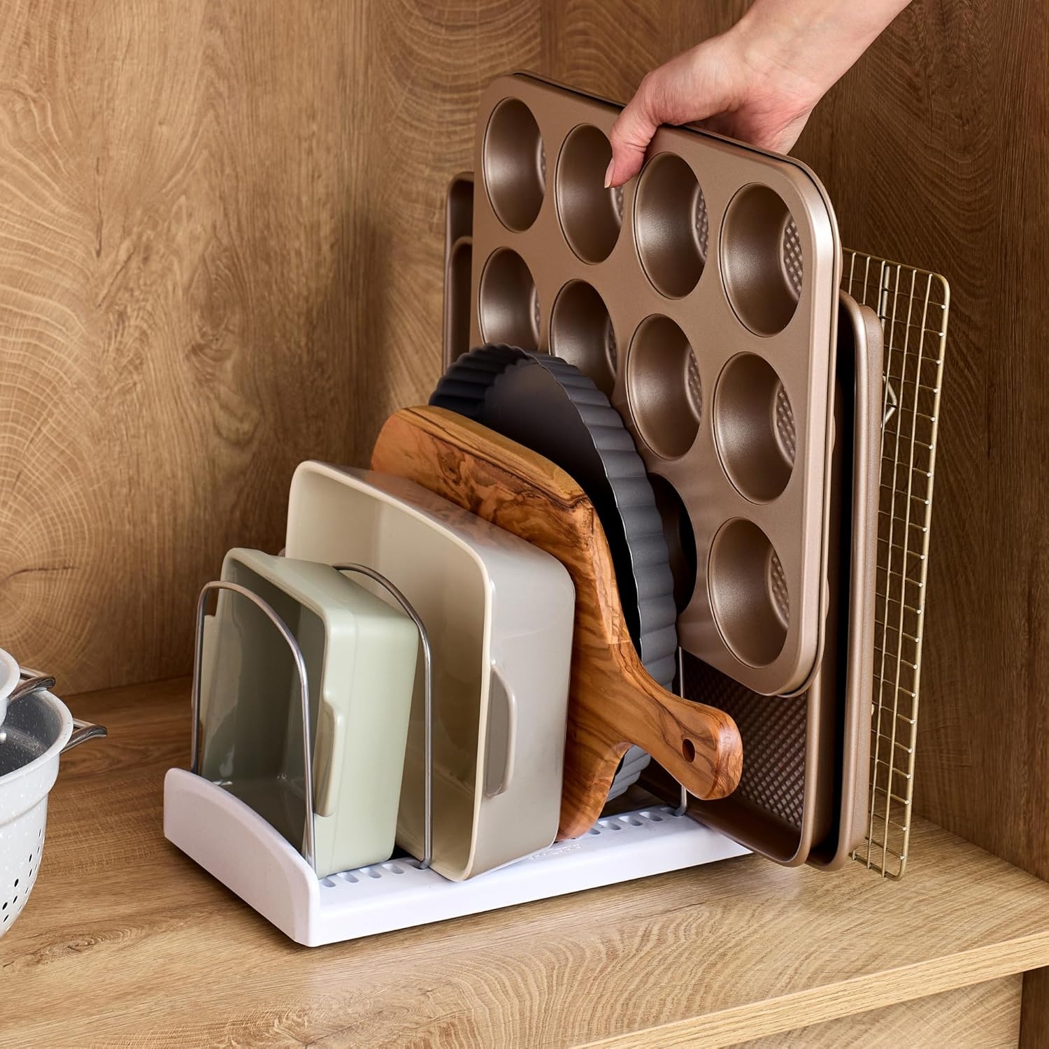 image:imageYouCopia StoreMore Bakeware Rack with Tall Steel Wires Adjustable Pan and Lid Organizer Classic Edition White Alloy Steel amp Plastic 115W x 73D x 64H Customizable ShelfBakeware Rack Premium