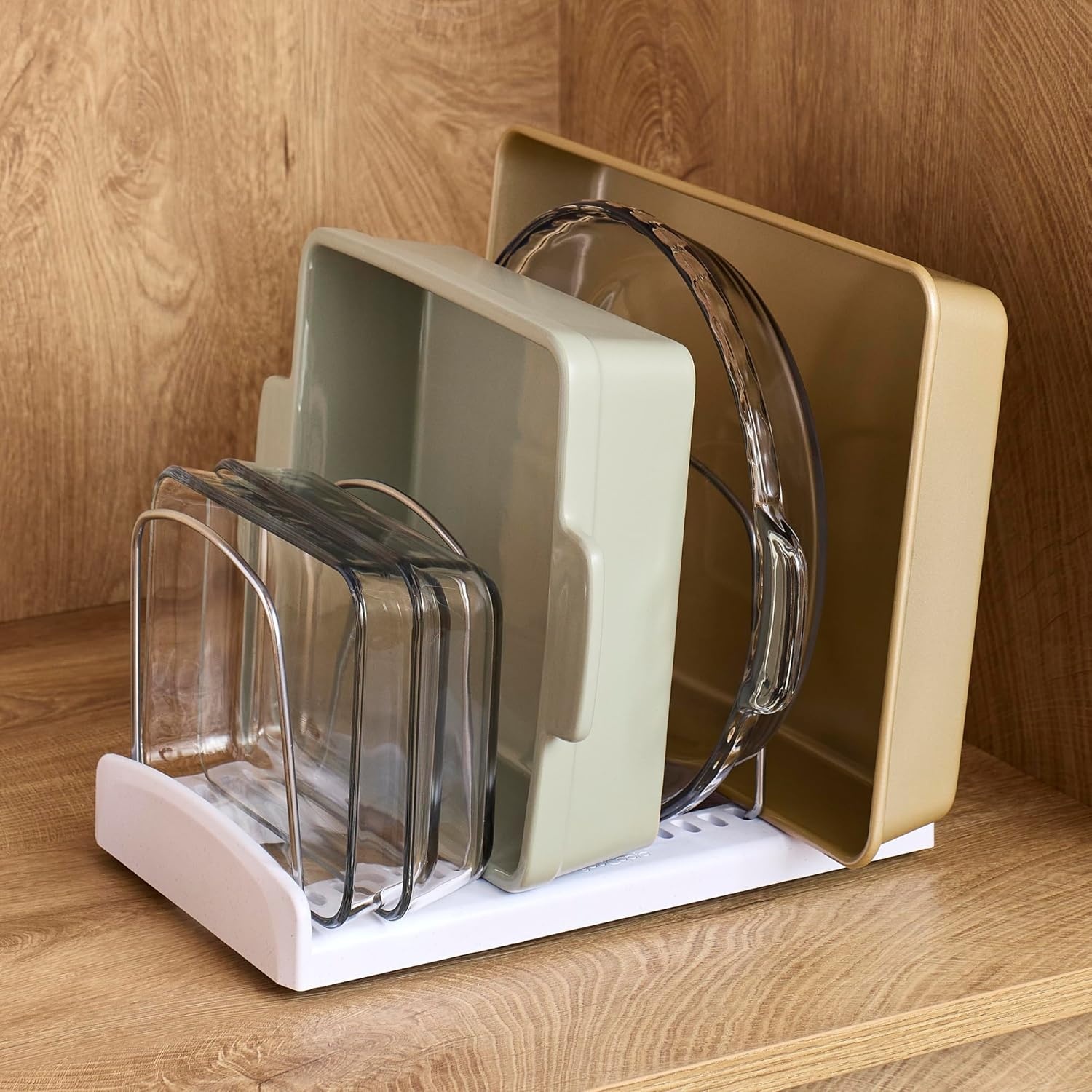 image:imageYouCopia StoreMore Bakeware Rack with Tall Steel Wires Adjustable Pan and Lid Organizer Classic Edition White Alloy Steel amp Plastic 115W x 73D x 64H Customizable ShelfBakeware Rack Premium