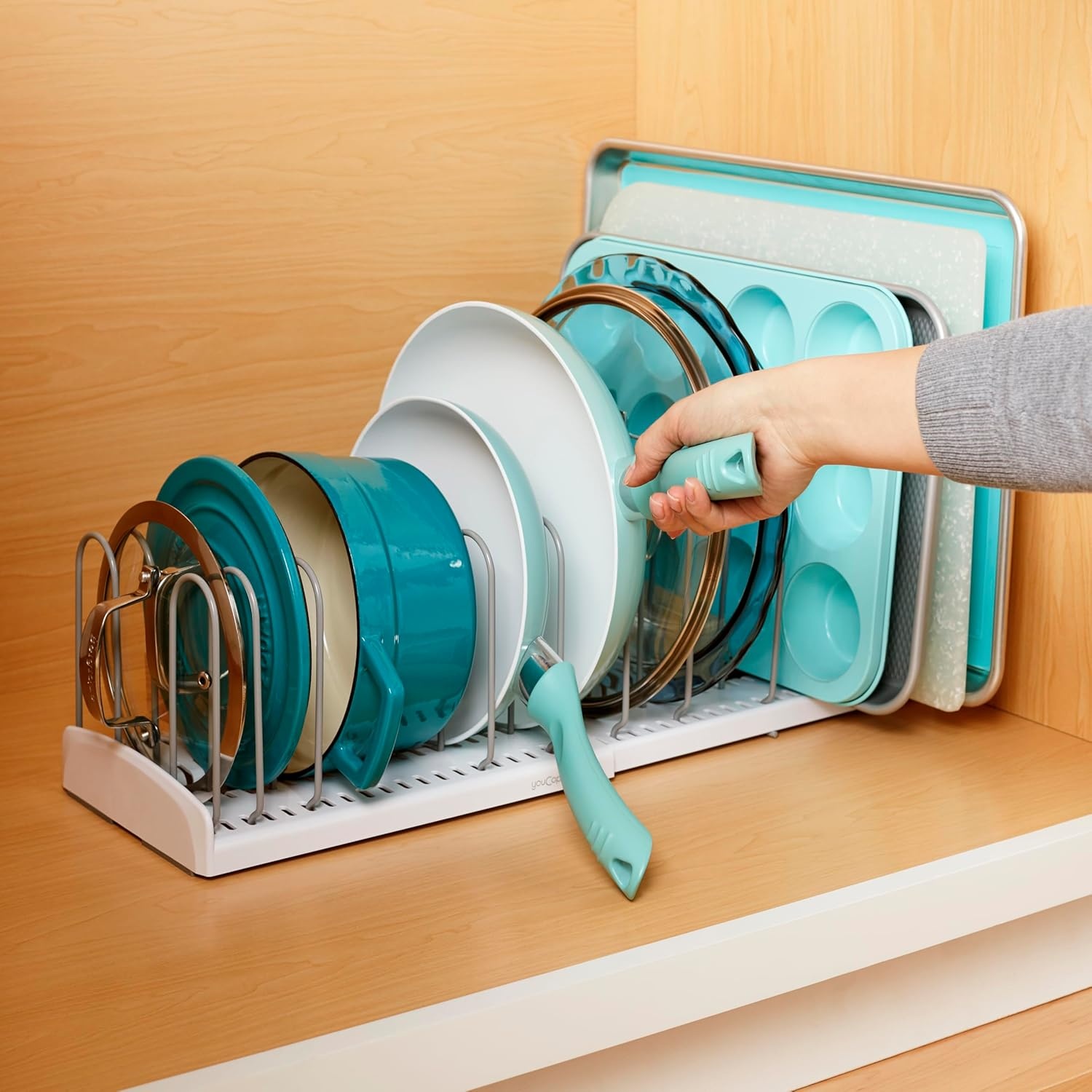 image:imageYouCopia StoreMore Expandable Pan and Lid Rack with Steel Wires 12522 Wide Adjustable Pan Organizer for Kitchen Cabinet Storage Premium Edition12522 Classic