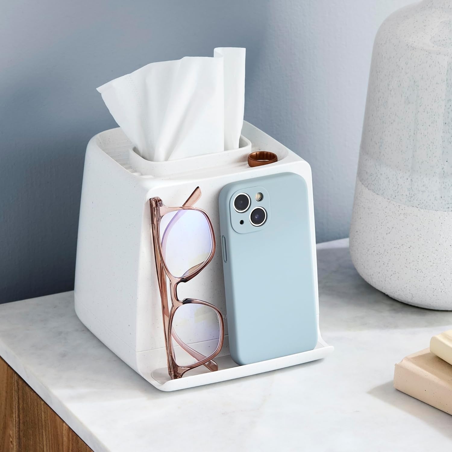 image:imageYouCopia The Ledge Tissue Holder Cube Square Box Cover with Storage for Phones Jewelry Makeup and Accessories for Night Stand Desk and Bathroom OrganizationCube