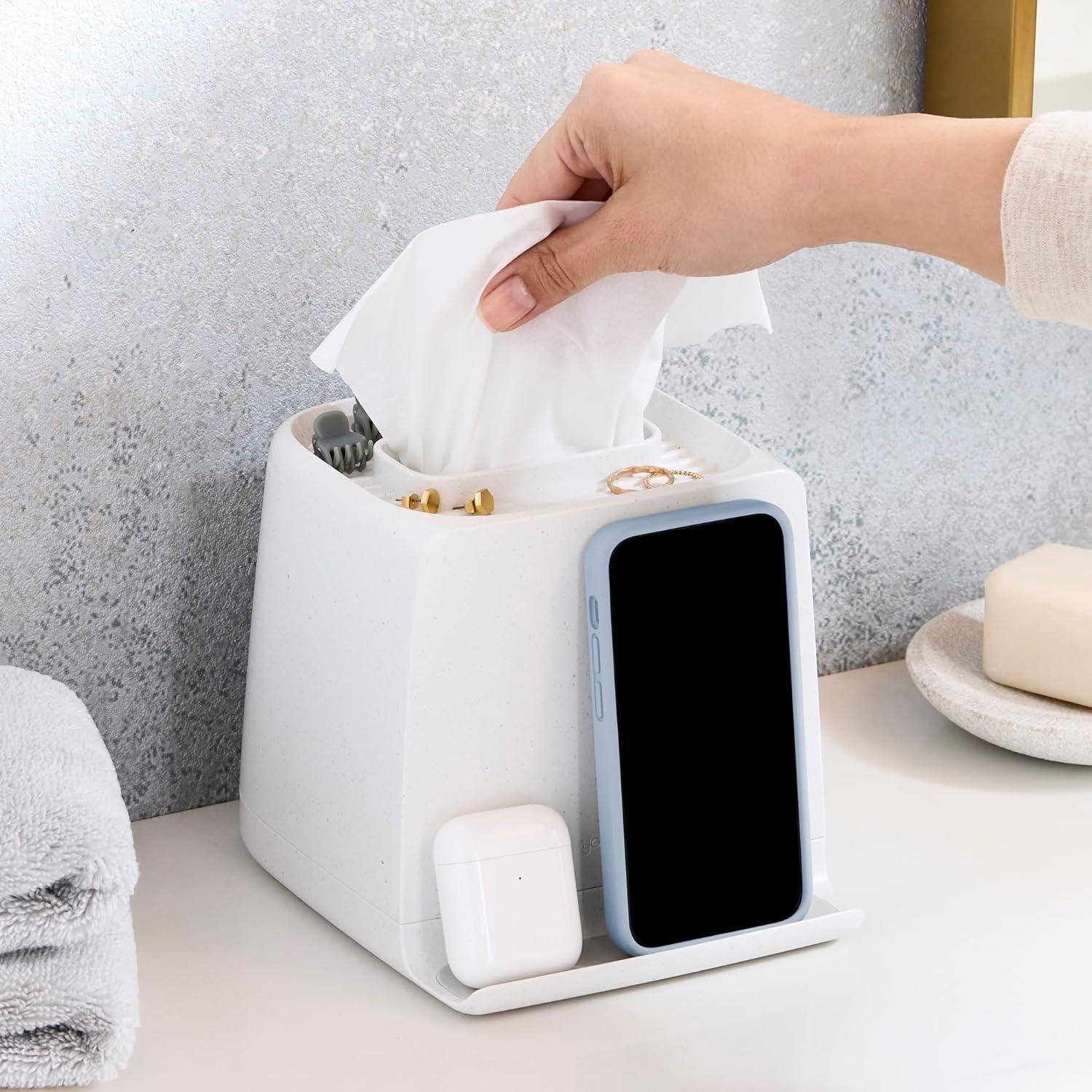 image:imageYouCopia The Ledge Tissue Holder Cube Square Box Cover with Storage for Phones Jewelry Makeup and Accessories for Night Stand Desk and Bathroom OrganizationCube