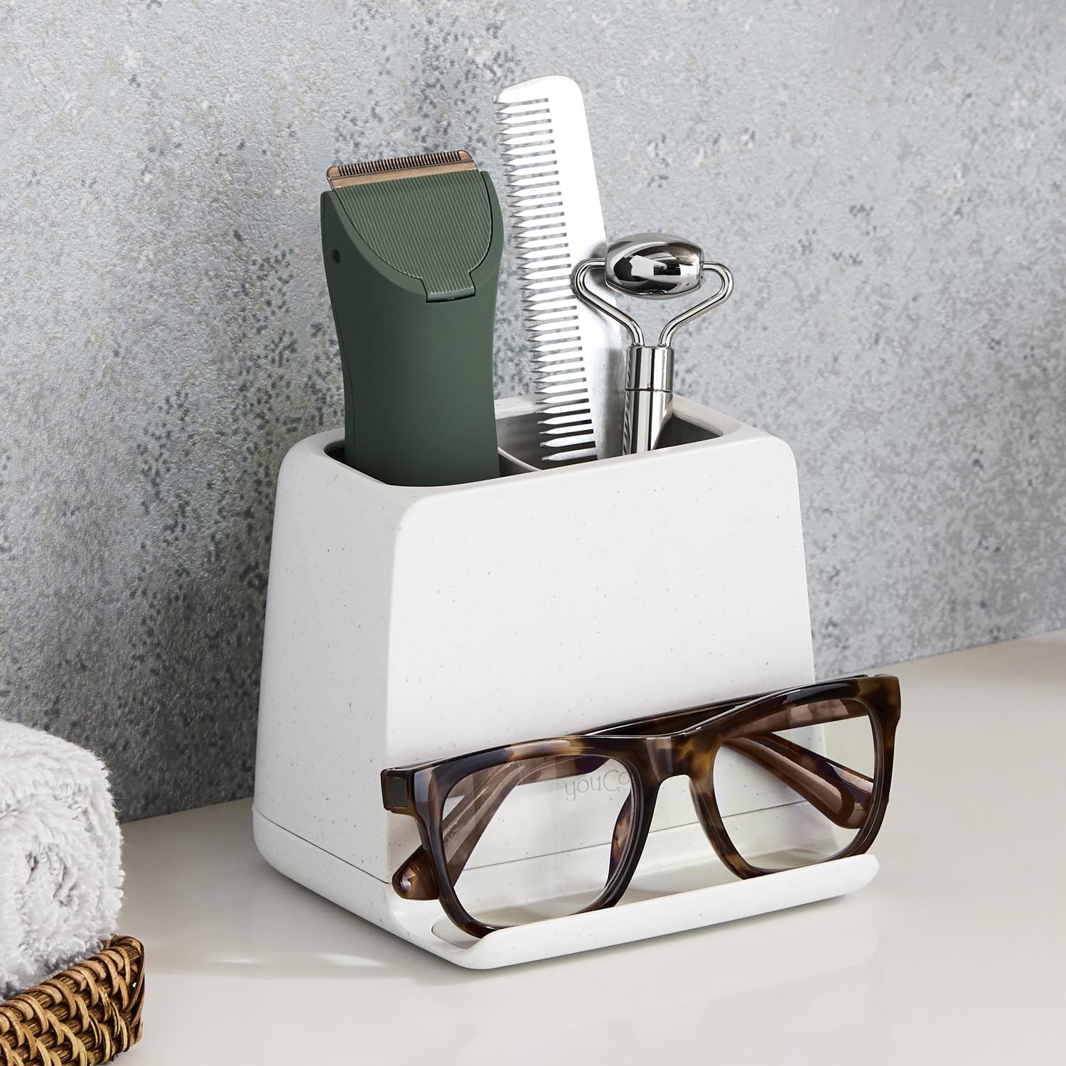 image:imageYouCopia The Ledge Toothbrush Holder 3Slot Bathroom Vanity Counter Organizer with Cord Slots Removable Base and Storage for Phones Toothpaste and Accessories2Slot