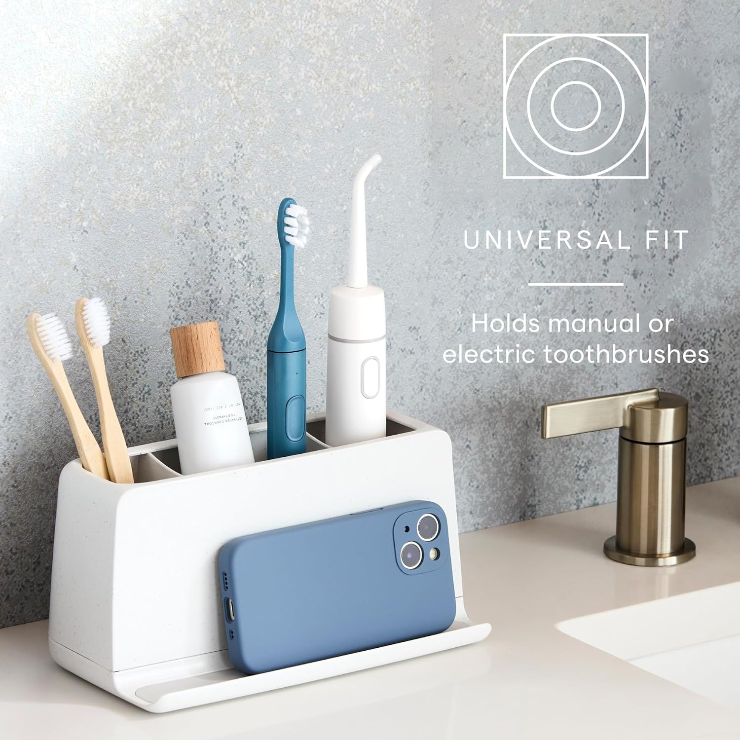 image:imageYouCopia The Ledge Toothbrush Holder 3Slot Bathroom Vanity Counter Organizer with Cord Slots Removable Base and Storage for Phones Toothpaste and Accessories3Slot
