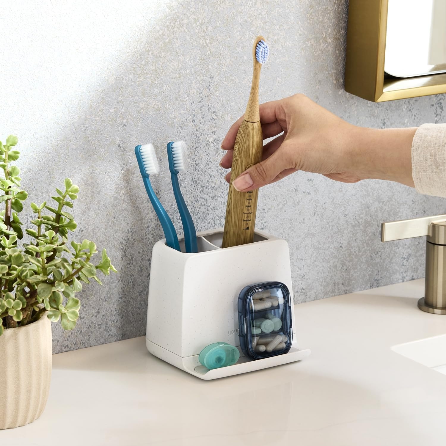 image:imageYouCopia The Ledge Toothbrush Holder 3Slot Bathroom Vanity Counter Organizer with Cord Slots Removable Base and Storage for Phones Toothpaste and Accessories2Slot