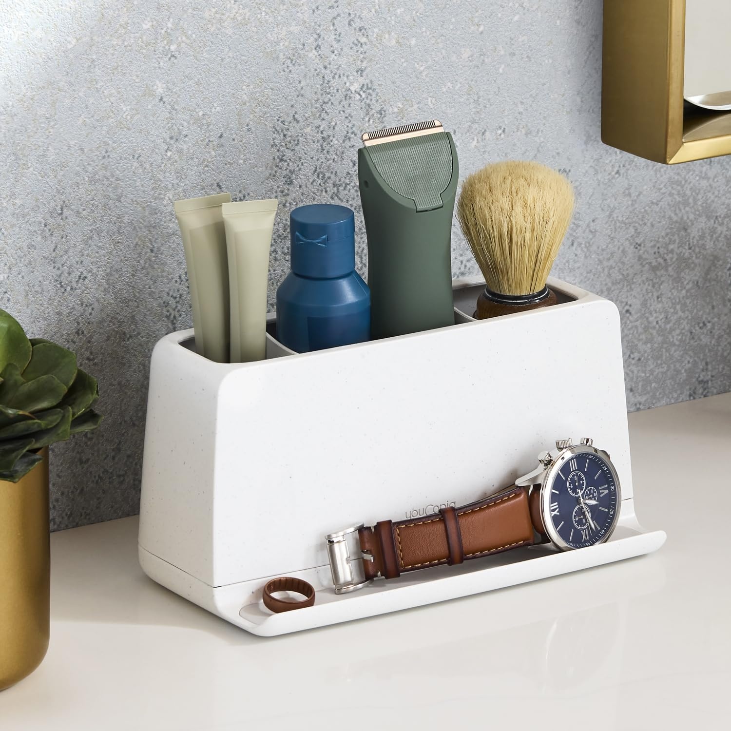 image:imageYouCopia The Ledge Toothbrush Holder 3Slot Bathroom Vanity Counter Organizer with Cord Slots Removable Base and Storage for Phones Toothpaste and Accessories3Slot