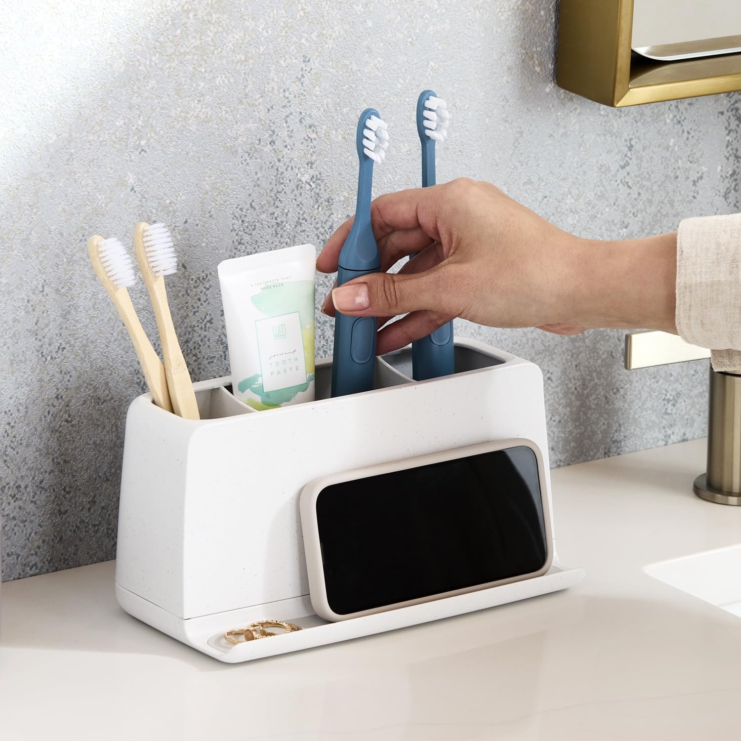 image:imageYouCopia The Ledge Toothbrush Holder 3Slot Bathroom Vanity Counter Organizer with Cord Slots Removable Base and Storage for Phones Toothpaste and Accessories3Slot