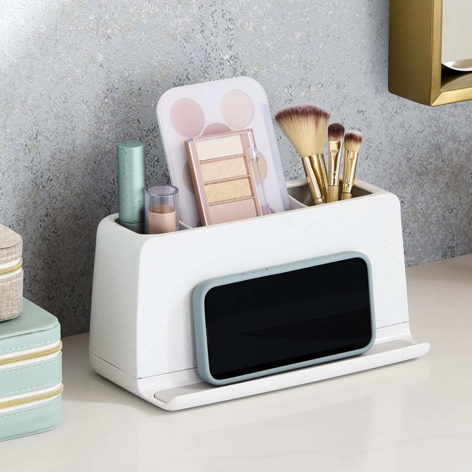 image:imageYouCopia The Ledge Toothbrush Holder 3Slot Bathroom Vanity Counter Organizer with Cord Slots Removable Base and Storage for Phones Toothpaste and Accessories3Slot