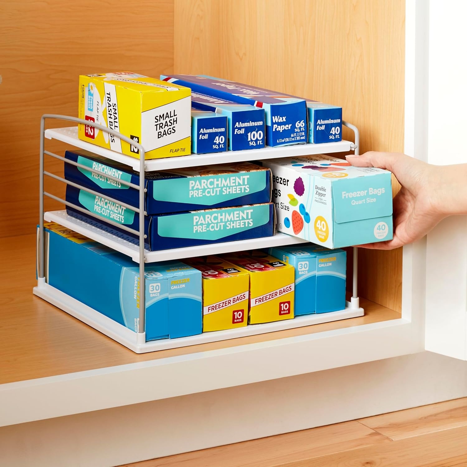 image:imageYouCopia UpSpace Cabinet Box Organizer Adjustable Kitchen and Pantry Shelf for Plastic Wrap and Foil Storage Extra Large WhiteGray Matte