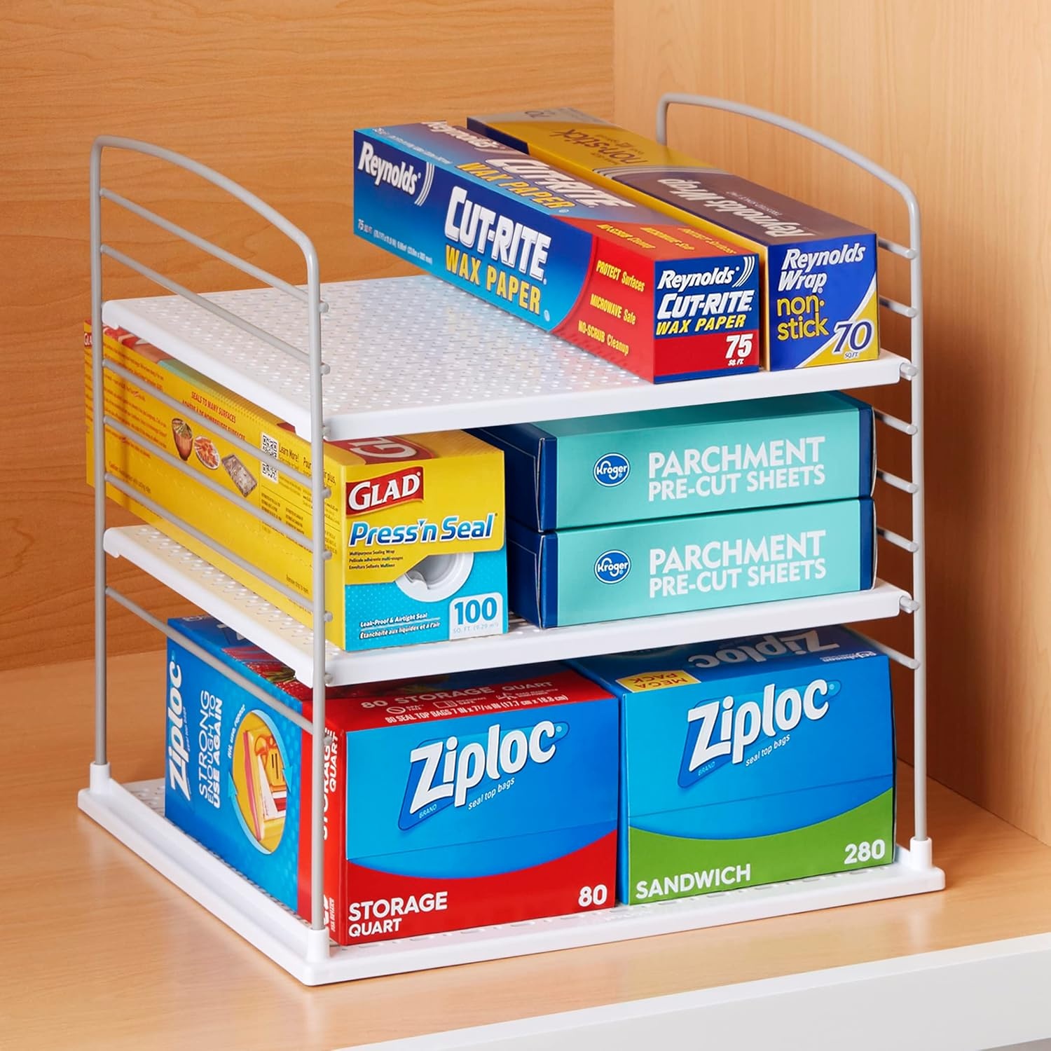 image:imageYouCopia UpSpace Cabinet Box Organizer Adjustable Kitchen and Pantry Shelf for Plastic Wrap and Foil Storage Extra Large WhiteGray Matte