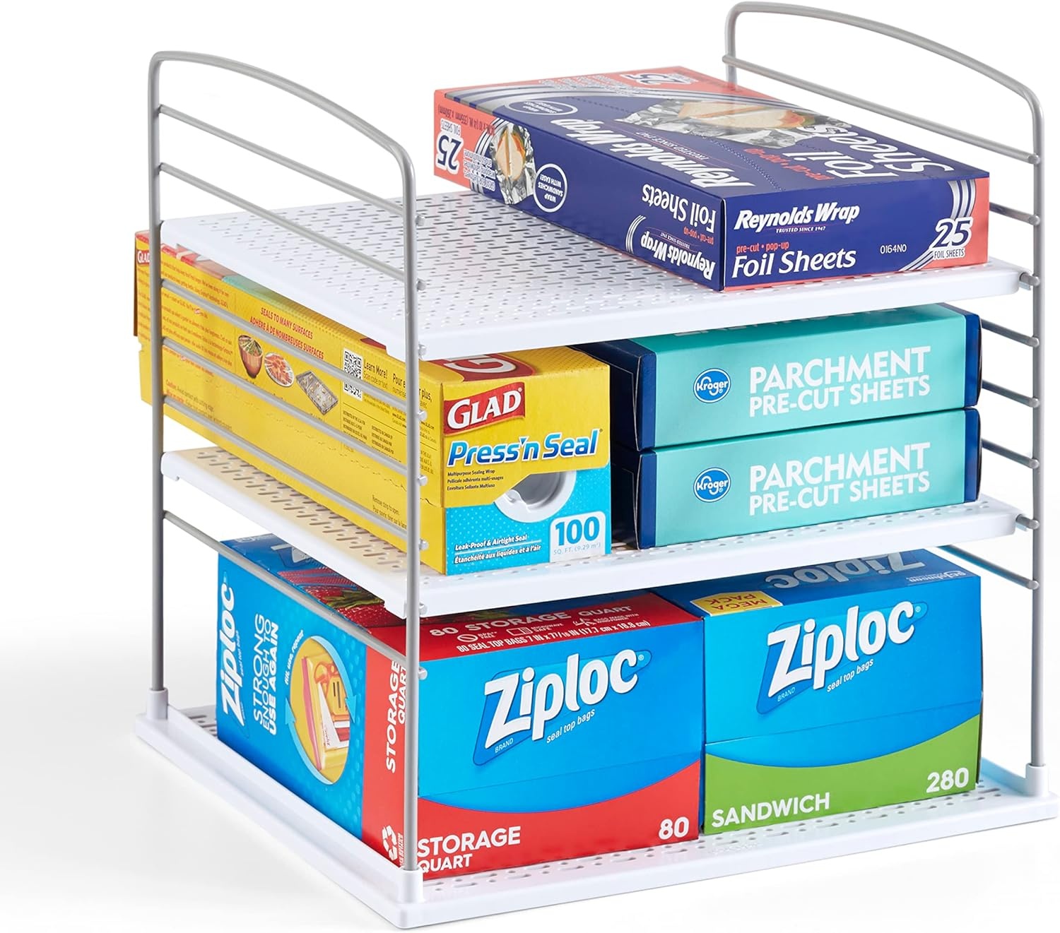 image:imageYouCopia UpSpace Cabinet Box Organizer Adjustable Kitchen and Pantry Shelf for Plastic Wrap and Foil Storage Extra Large WhiteGray Matte