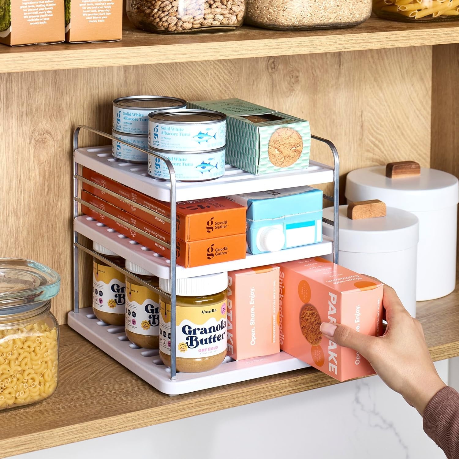 image:imageYouCopia UpSpace Cabinet Box Organizer Adjustable Kitchen and Pantry Shelf for Plastic Wrap and Foil Storage Extra Large WhiteSilver Metallic