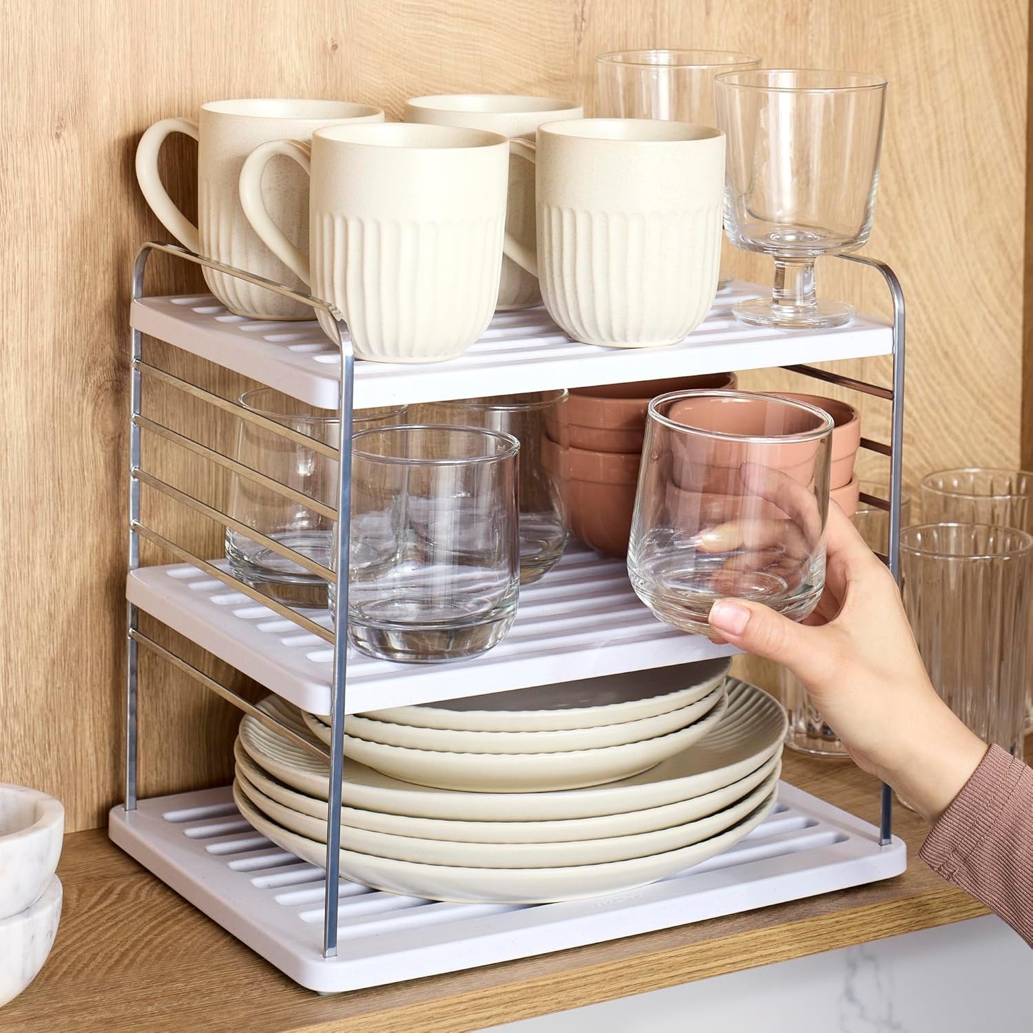 image:imageYouCopia UpSpace Cabinet Box Organizer Adjustable Kitchen and Pantry Shelf for Plastic Wrap and Foil Storage Extra Large WhiteSilver Metallic