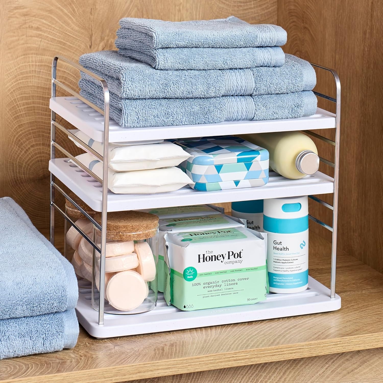 image:imageYouCopia UpSpace Cabinet Box Organizer Adjustable Kitchen and Pantry Shelf for Plastic Wrap and Foil Storage Extra Large WhiteSilver Metallic