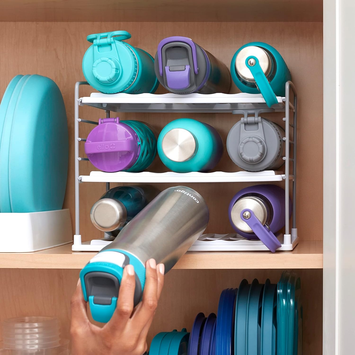 image:imageYouCopia UpSpace Water Bottle and Travel Mug Cabinet Organizer Adjustable Storage Rack for 40 oz Stanley Tumblers 12 Bottle Premium EditionGray Matte
