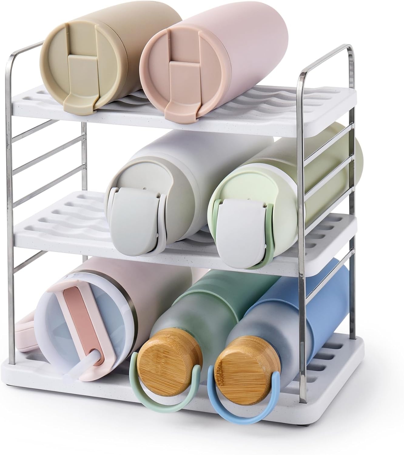 image:imageYouCopia UpSpace Water Bottle and Travel Mug Cabinet Organizer Adjustable Storage Rack for 40 oz Stanley Tumblers 12 Bottle Premium EditionSilver Metallic