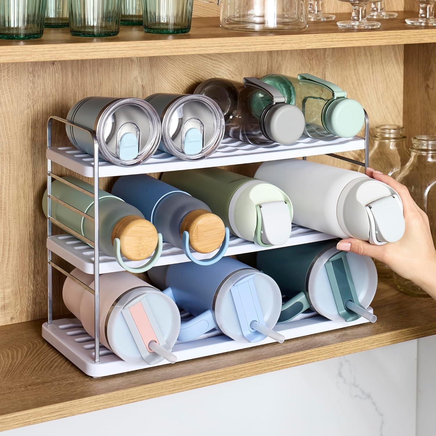 image:imageYouCopia UpSpace Water Bottle and Travel Mug Cabinet Organizer Adjustable Storage Rack for 40 oz Stanley Tumblers 12 Bottle Premium EditionSilver Metallic