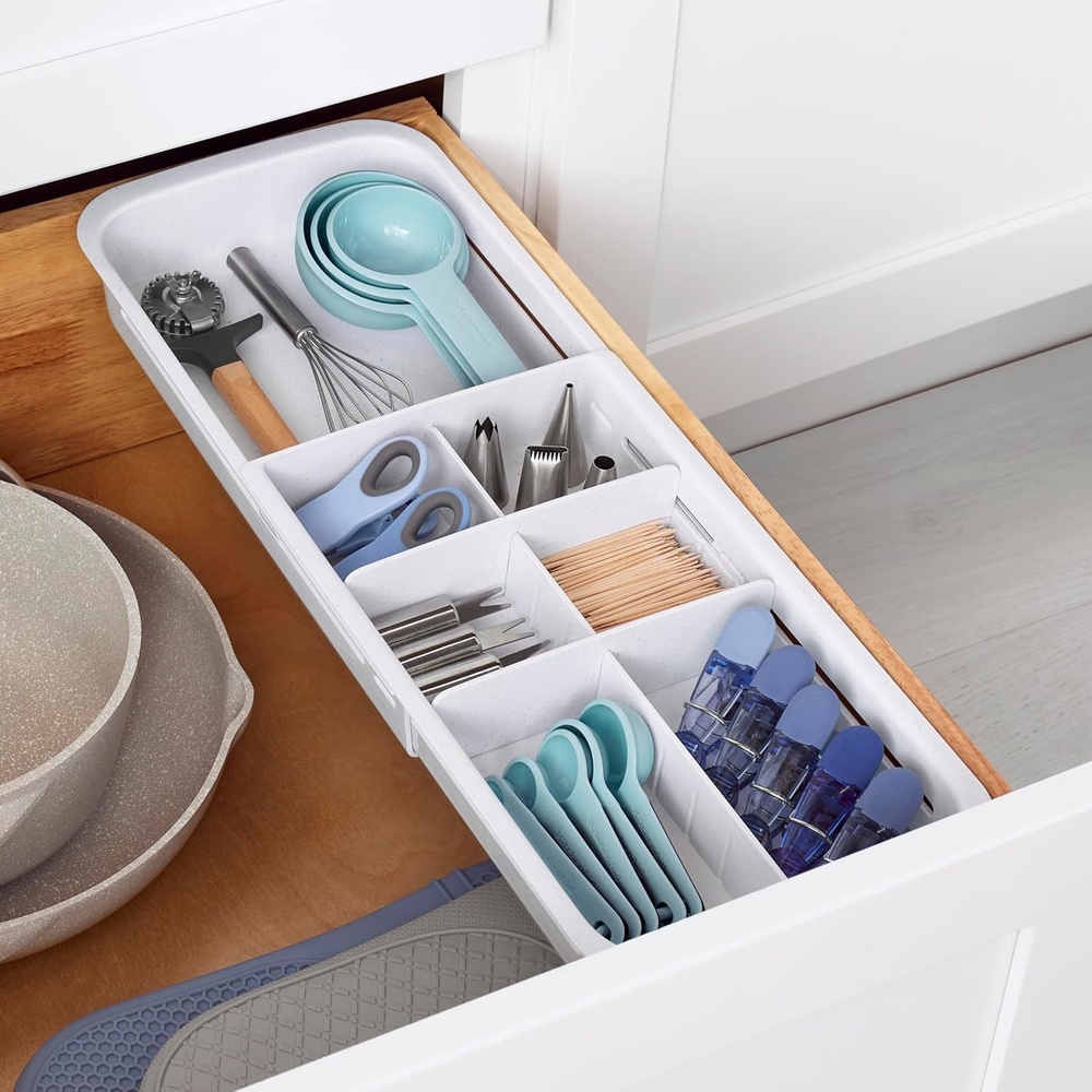 image:imageYouCopia DrawerFit Sliding Drawer Bin Expandable and Adjustable Kitchen Storage Organizer Speckled WhiteTray